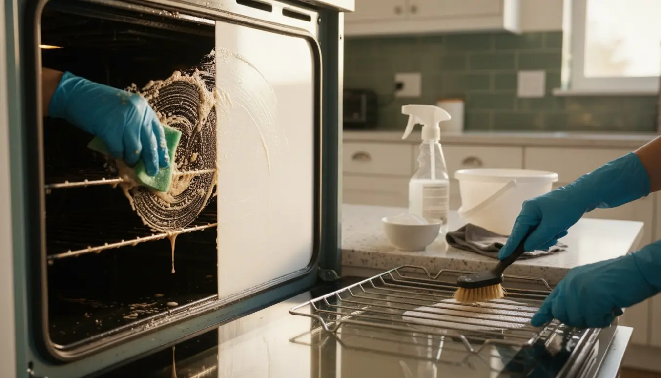 Hænder med gummihandsker renser indersiden af en beskidt ovn, mens ovnriste skrubbes i køkkensinken.