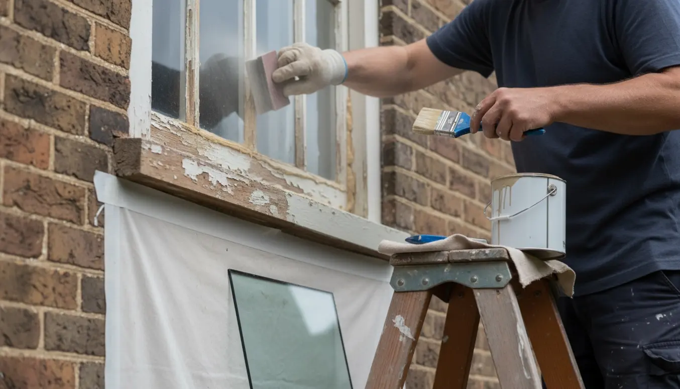 Håndværker på stige sliber, kitte og maler et vindue højt på husfacaden.