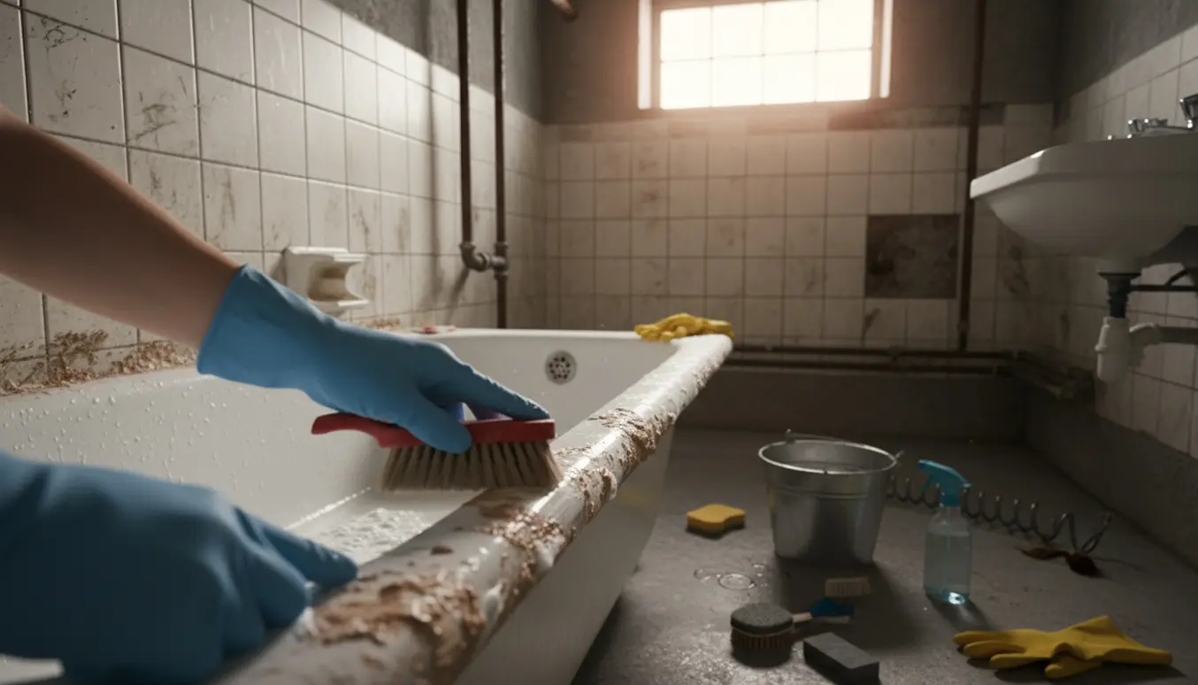 Gummihandsker skrubber kalk og snavs væk i et beskidt kælder-badeværelse.