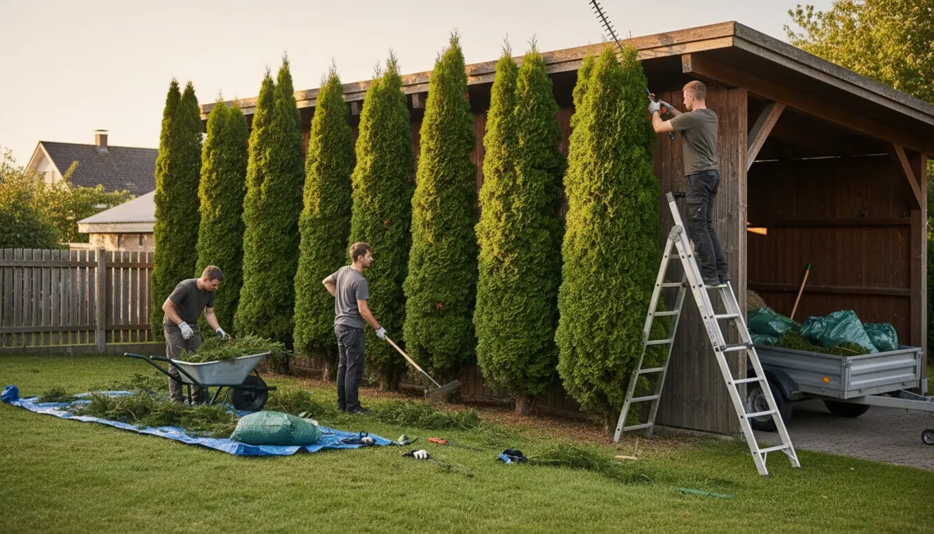To havemænd beskærer syv høje thujaer langs en carport på en skrånende græsplæne, med afklip samlet til bortskaffelse.