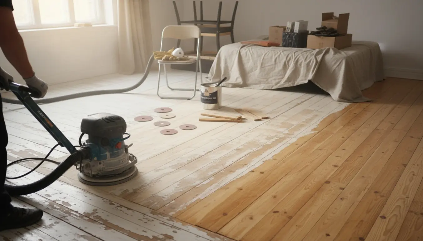 Halvt slebet hvidmalet trægulv med slibemaskine, bøtte træolie og handsker i et lyst stue-soveværelse.