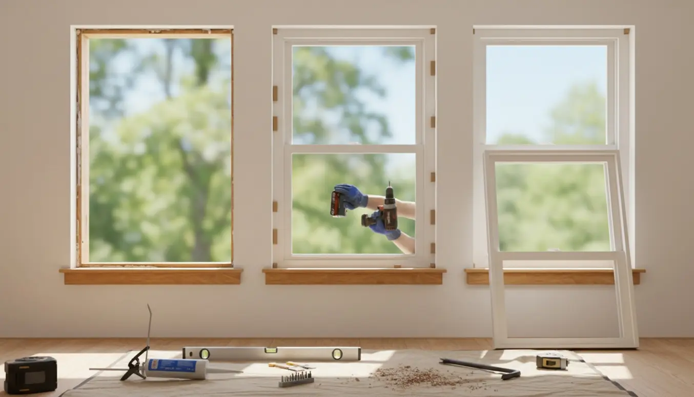 Handskerede hænder monterer en hvid vinduesramme i en solrig stue med værktøj og nye vinduer klar ved siden af.
