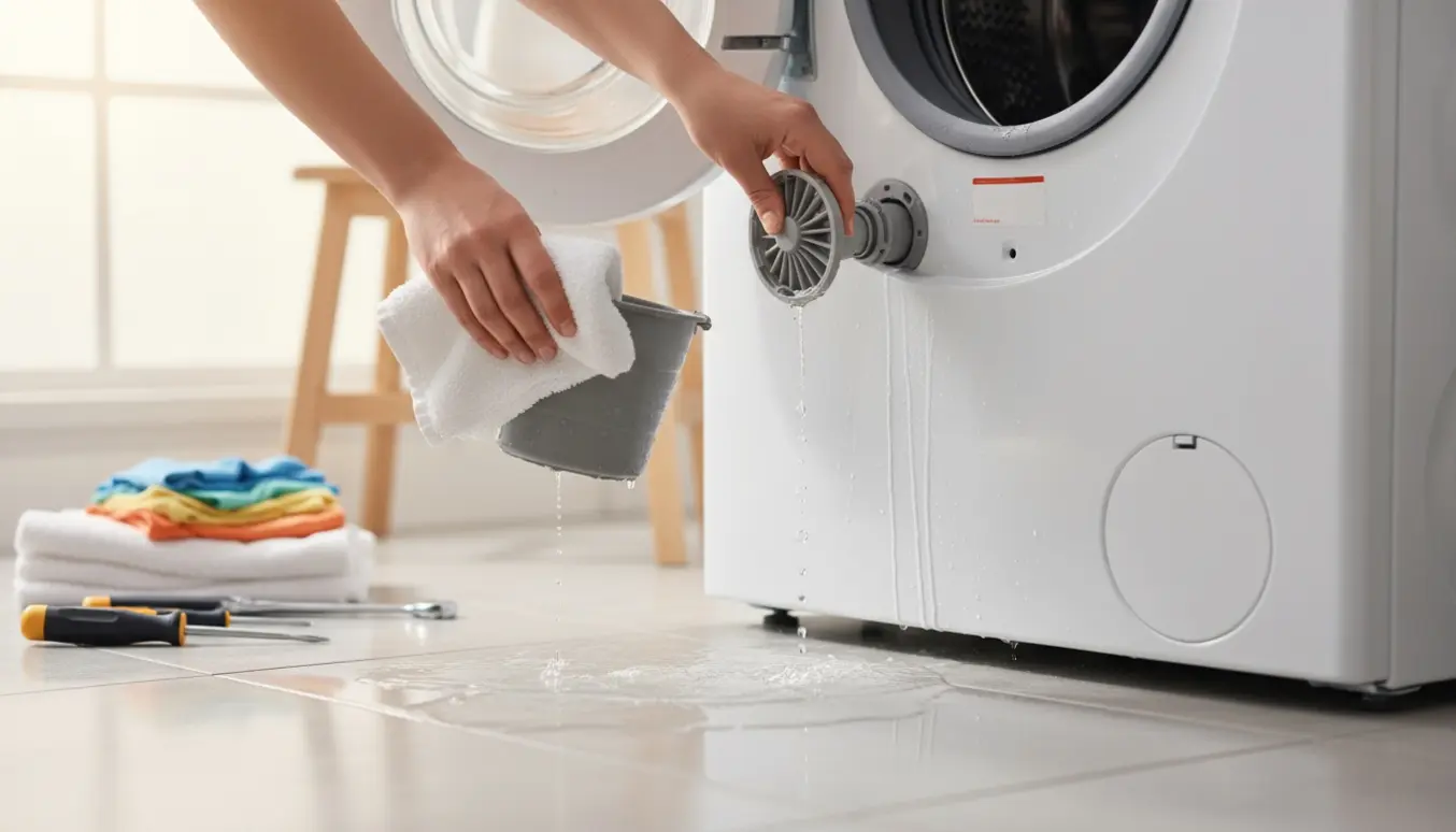 Hvid frontbetjent vaskemaskine med åben filterluge, vand drypper ned i en spand, og hænder arbejder på filtret.