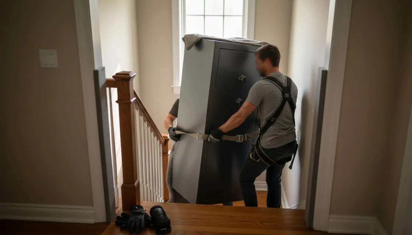 To personer bruger bæreseler og løftestropper til at manøvrere et tungt, smalt våbenskab op ad en smal trappe med halv drejning.