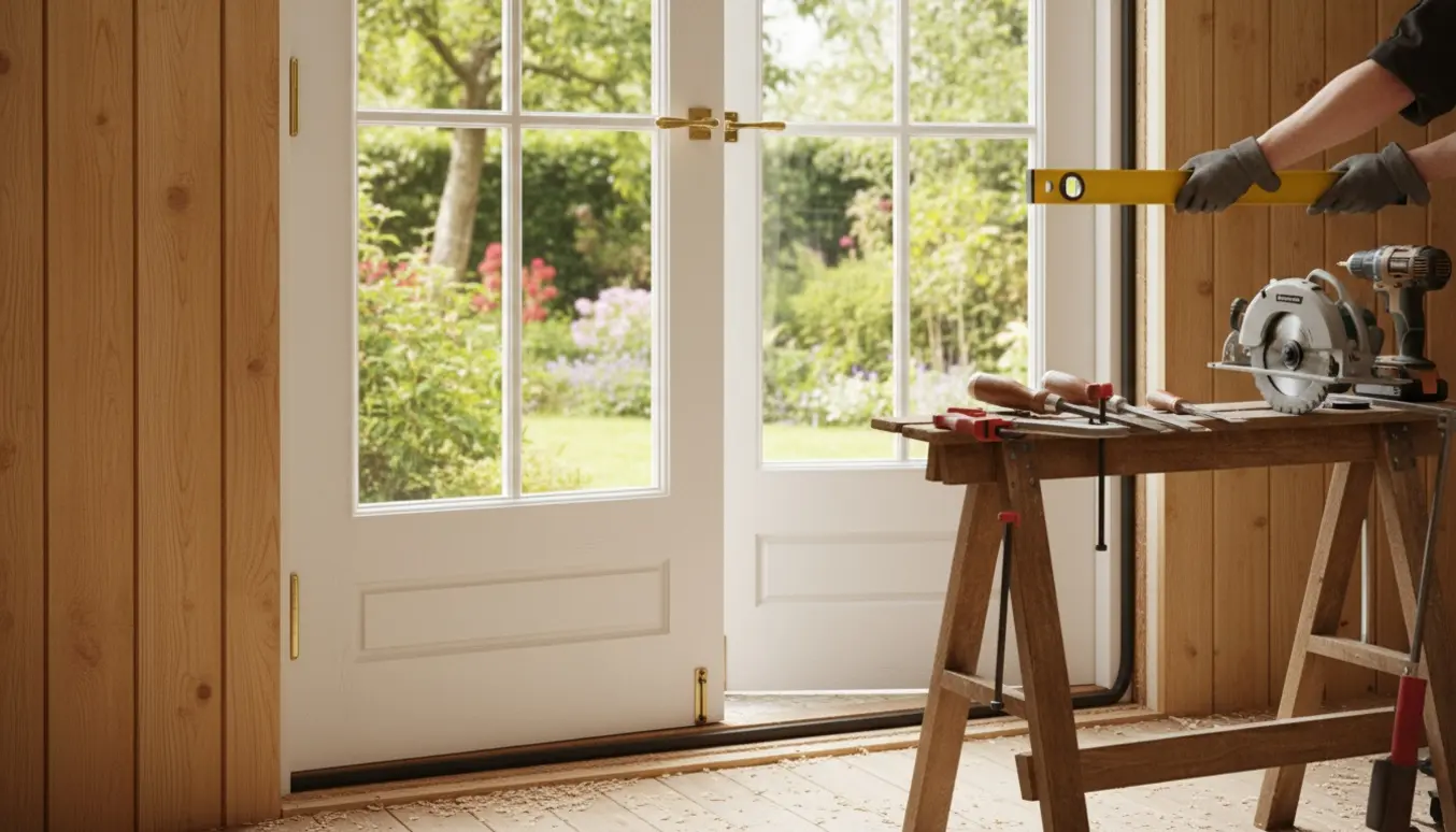 Halvmonteret fransk dobbeltdør i et nyt dørhul i en trævæg med værktøj og træspåner.