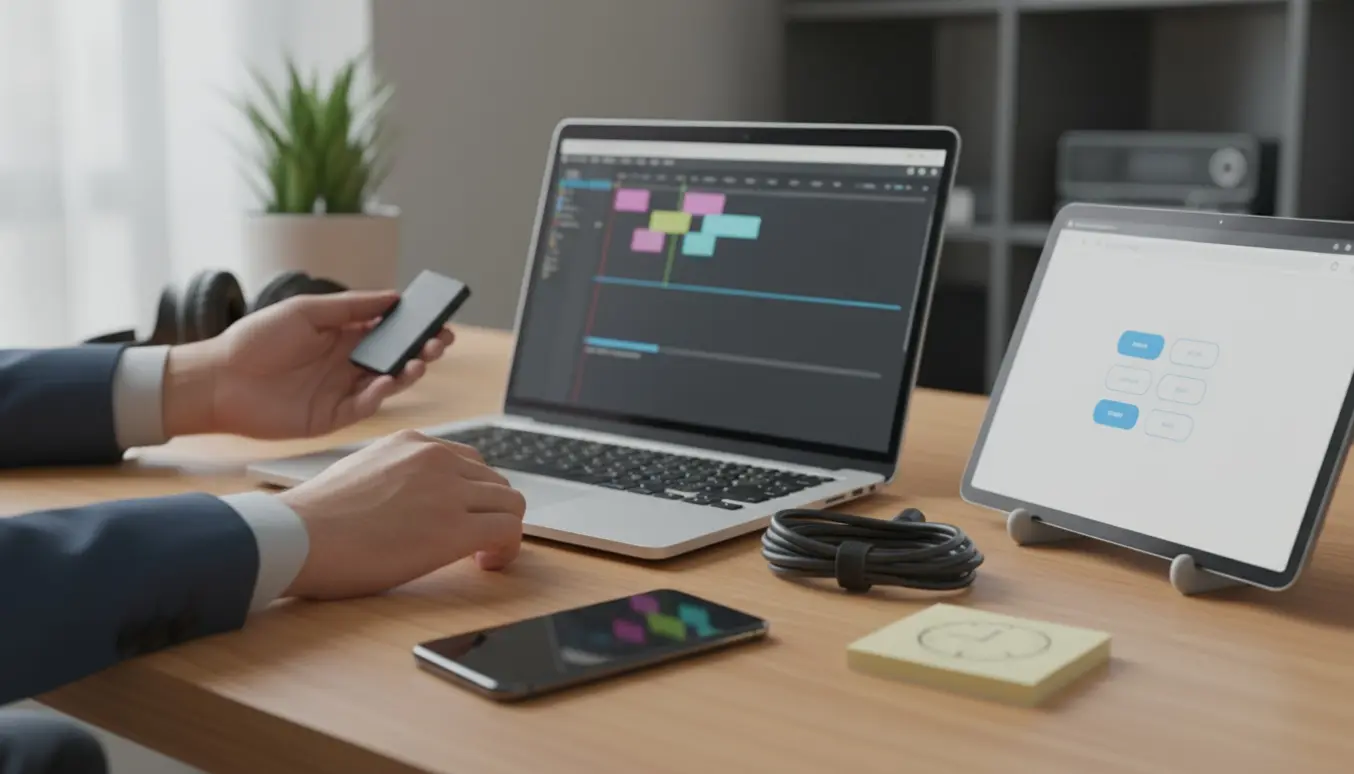 Hænder ved en bærbar og ekstern SSD med en tablet, der viser et cookie-samtykkepanel, på et lyst, ryddeligt arbejdsbord.