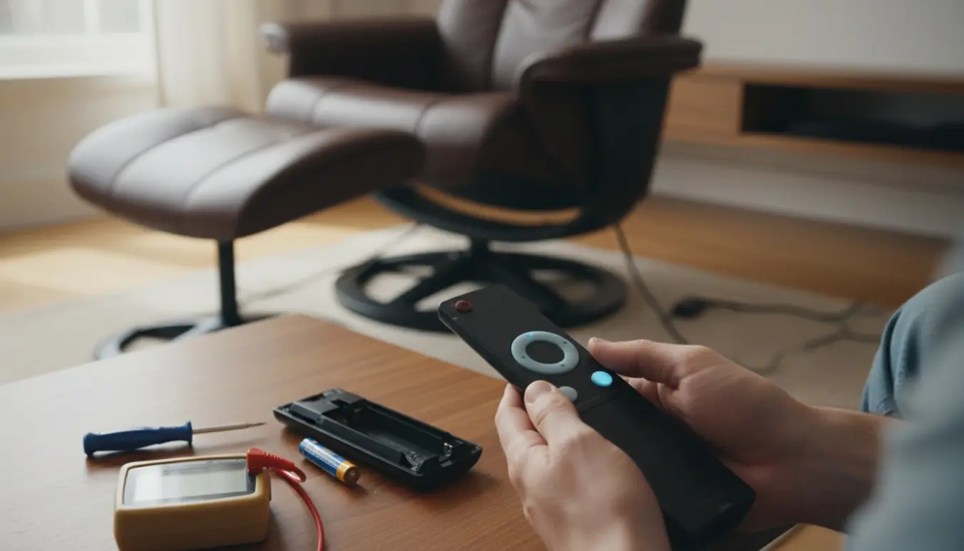 Hænder fejlsøger en fjernbetjening til en læderstol med åbent batterirum og værktøj på bordet.
