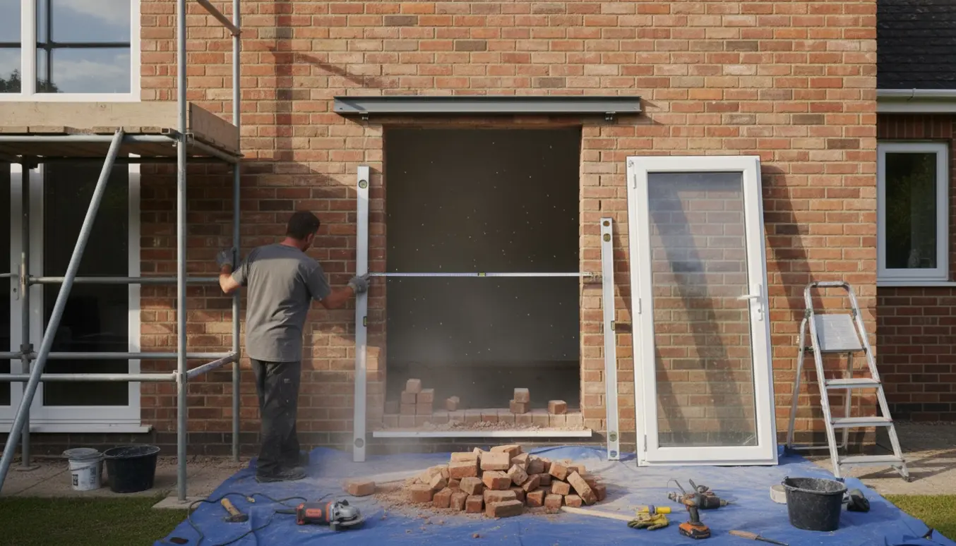 Håndværker måler åbning i murstensvæg til ny terrassedør, med dør og overligger opstillet ved siden af.