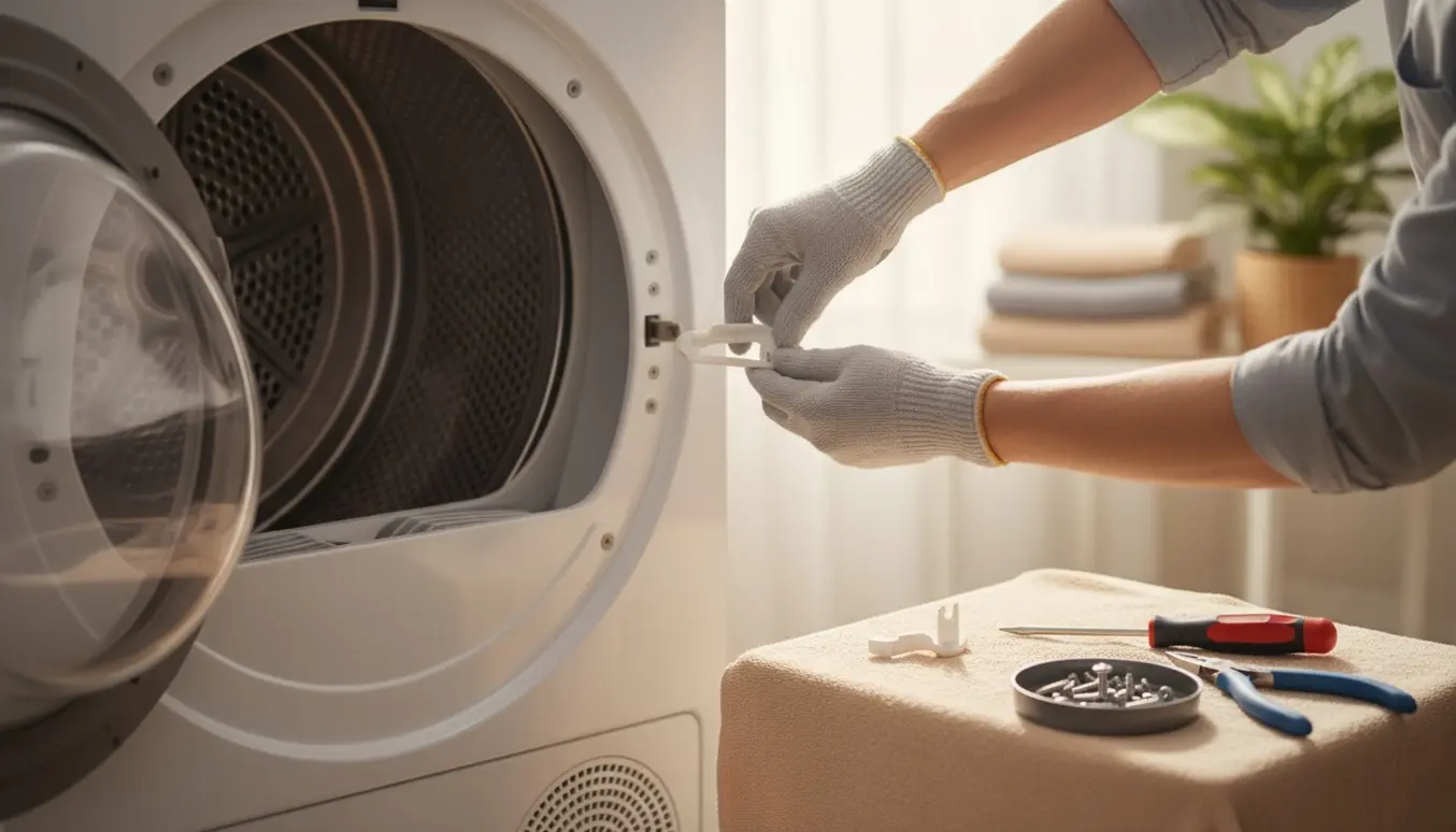 Nærbillede af hænder, der udskifter en knækket plastiklåsekrog på en hvid tørretumbler.