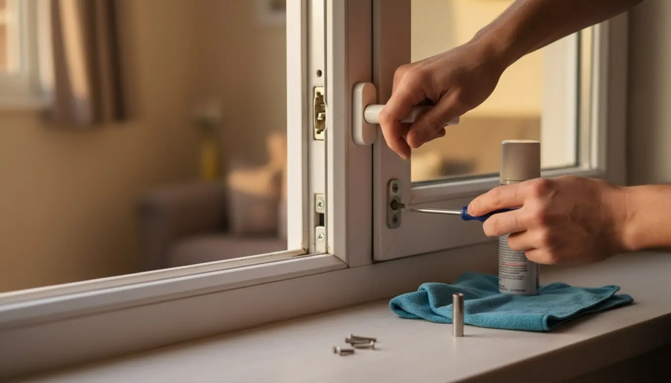 Nærbillede af et vindue med håndtaget halvvejs, mens hænder justerer låsemekanismen.