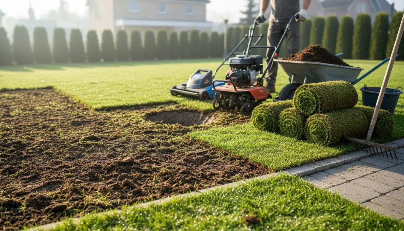 Haveplæne under fornyelse med fræset, mosset græs, nye ruller græs og haveredskaber.