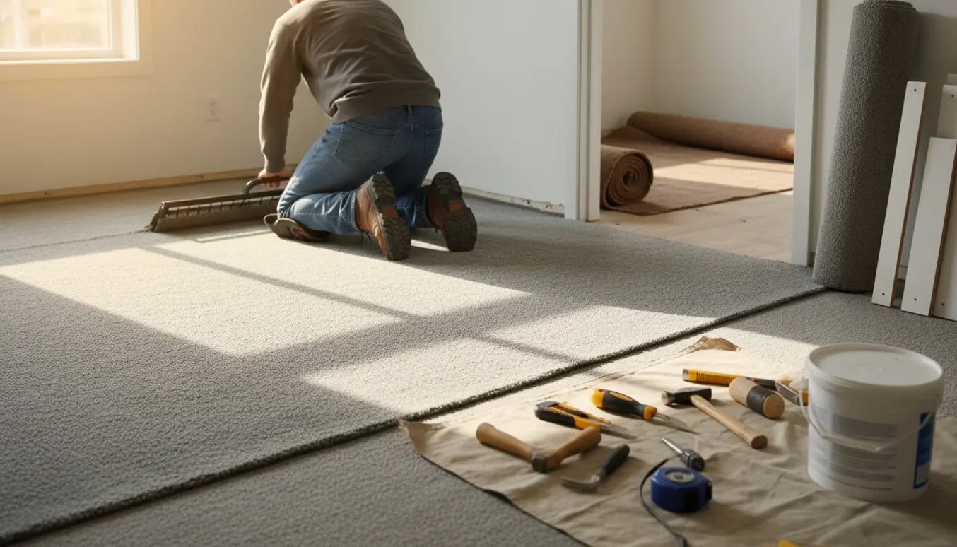 Ny væg-til-væg tæppeinstallation i et lille værelse med det gamle tæppe og fjernede lister synlige i det tilstødende rum.