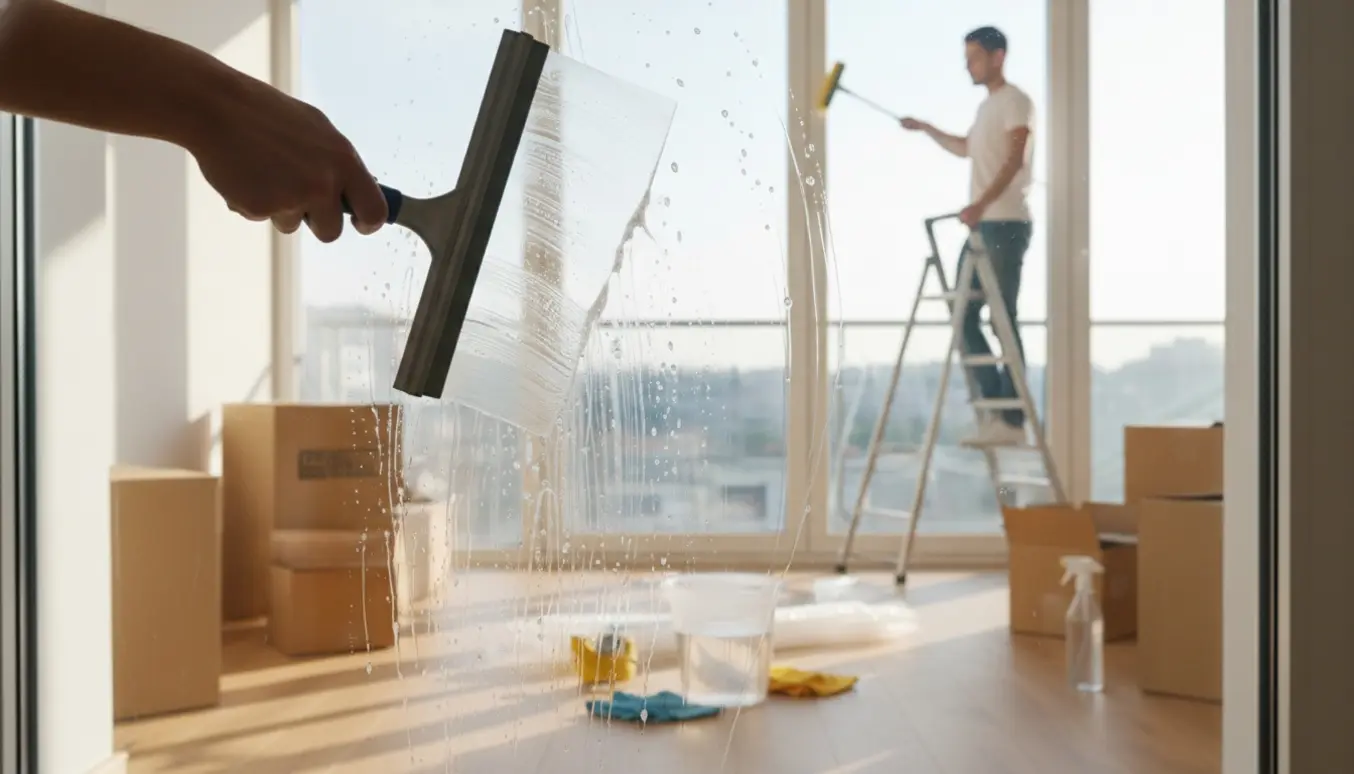 To personer pudser vinduer ind- og udvendigt i en næsten tom lejlighed under flytning.