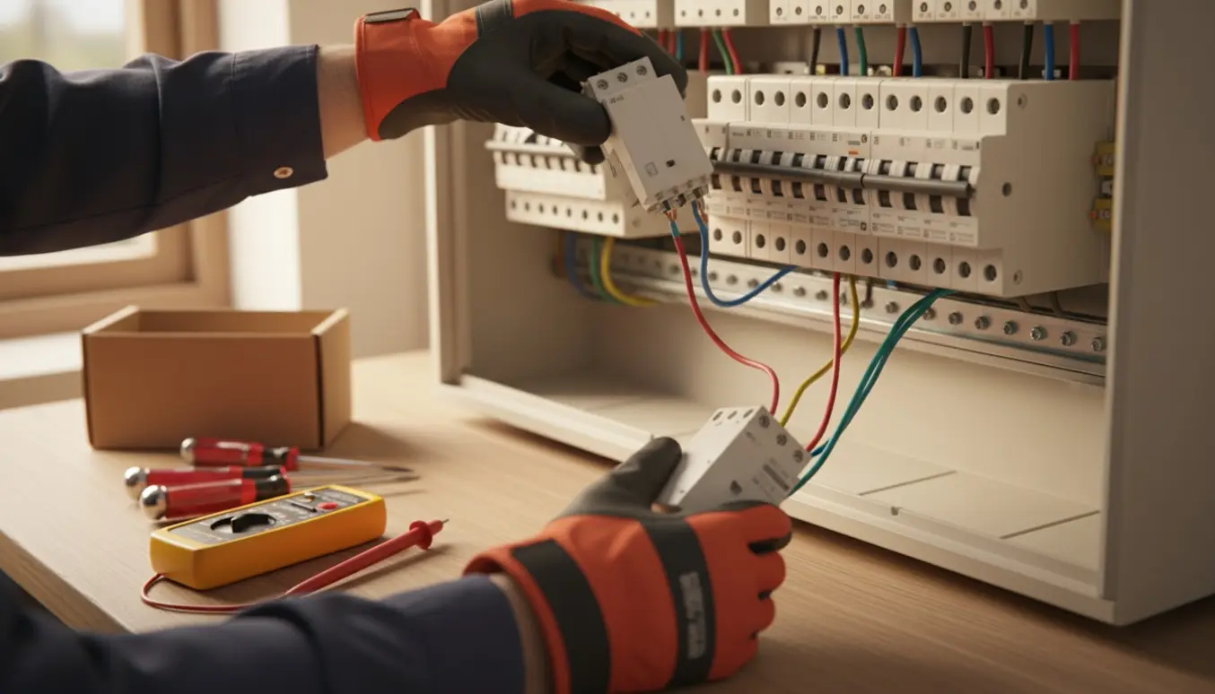 Hænder i isolerede handsker udskifter et HFI-relæ med et nyt HPFI i en eltavle.