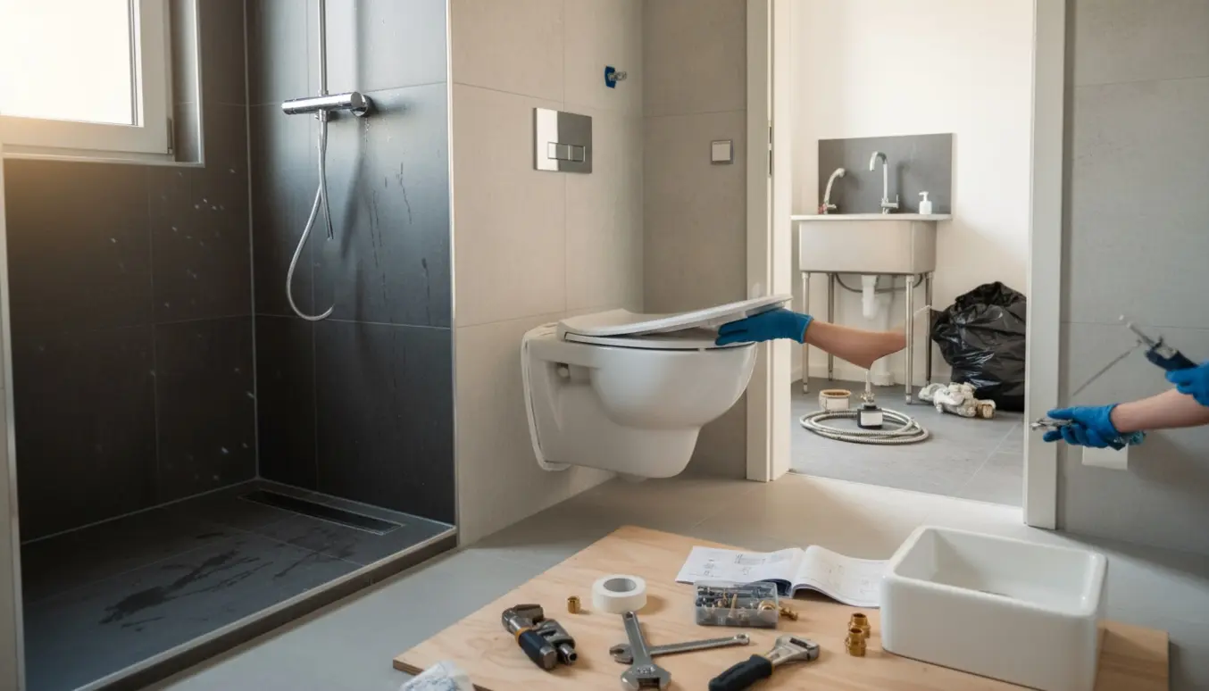 Håndværkers hænder installerer et væghængt toilet i et lyst badeværelse med værktøj og nyt brusearmatur synligt.