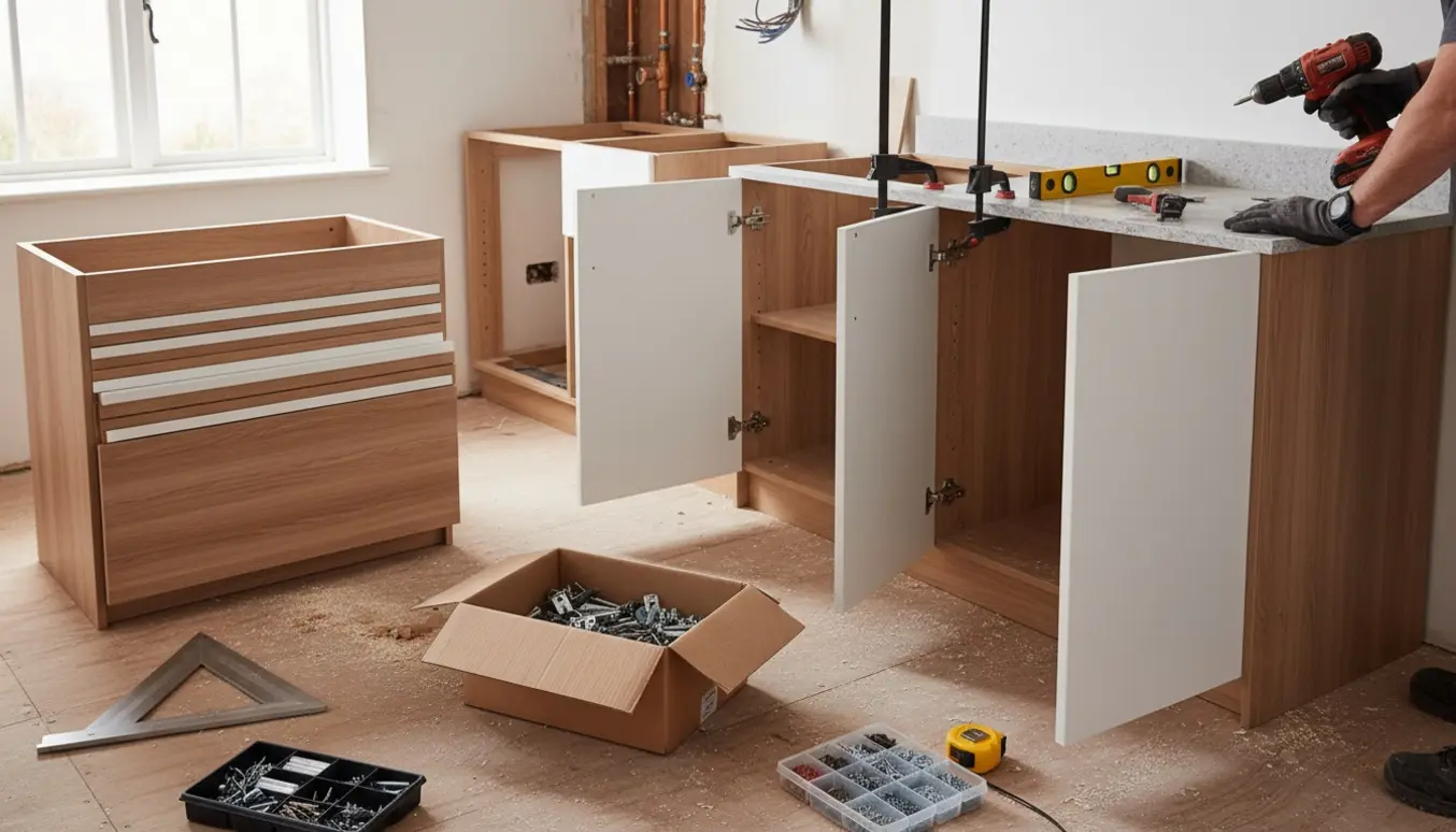 Mellem renovering: nye modulære køkkenskabe monteres, gamle skabe fjernet, værktøj og savsmuld på gulvet.