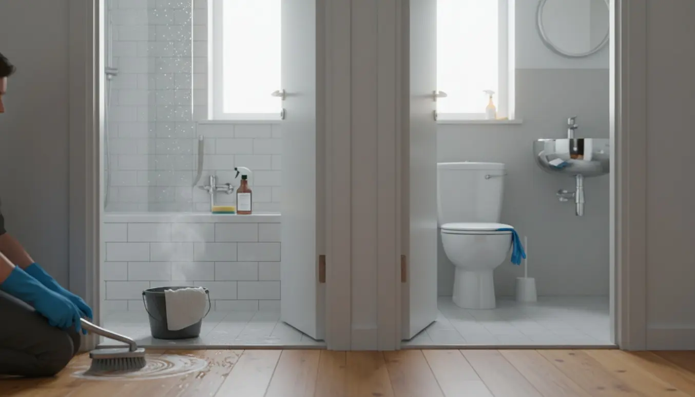 To små badeværelser i gang med grundig rengøring med handsker, børste og skinnende fliser.