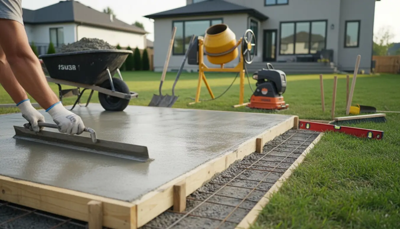 Nyt støbt betonterrasse under opbygning med forskalling, armeringsnet og en hånd der glatter våd beton.