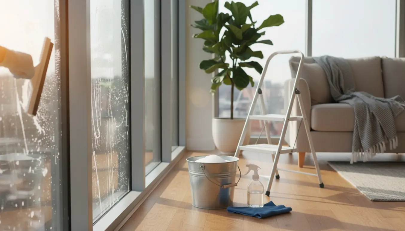 Hænder pudser store stuevinduer med vinduesskraber, spand og klud i en lys lejlighed.