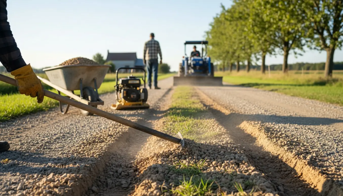 Opfyldning og tilretning af grusvej med stabilgrus og stenmel, redskaber og pladevibrator langs en landlig indkørsel.
