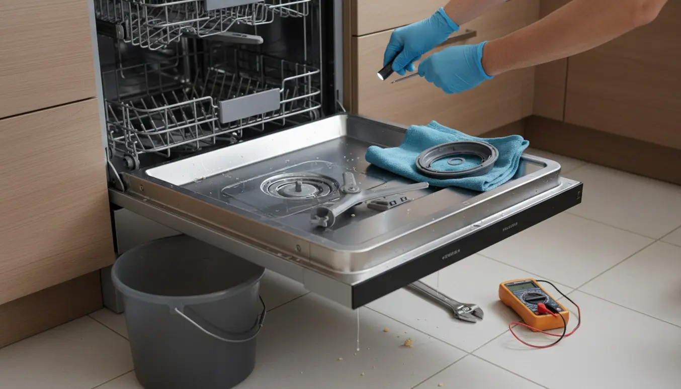 Åben Bosch-opvaskemaskine med vand i bunden og hænder, der inspicerer pumpen med værktøj.