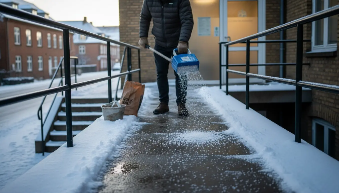 Tidlig morgen: snerydning og saltning af en svalegang foran en klinik med skovl og saltspreder.