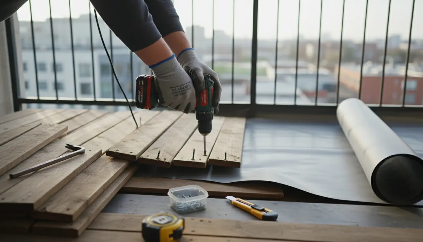 Delvist fjernede altanbrædder med handskerede hænder og værktøj ved udskiftning af membran.