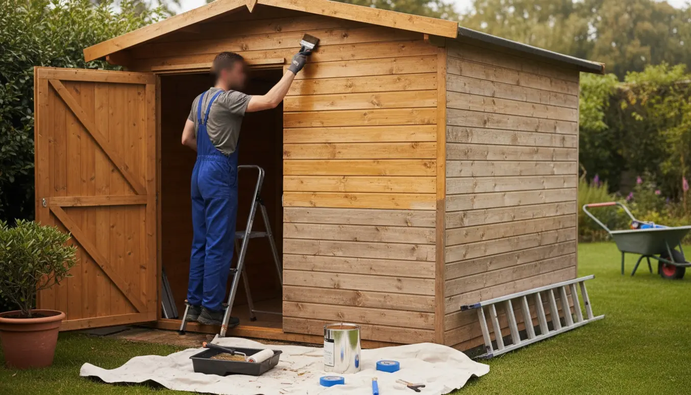 Et træskur i haven, halvt nymalet udvendigt og en maler på stige, der behandler bjælkerne under taget.