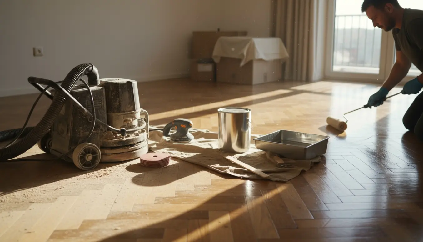 Professionel slibning og lakering af parketgulv i lys lejlighed, med synlig overgang mellem slebet og lakeret træ.