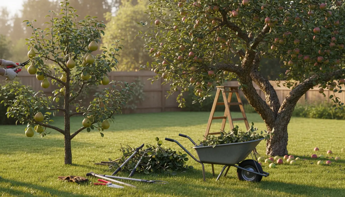 Et formklippet pæretræ og et gammelt tæt æbletræ i haven med beskæringsværktøj og en bunke skårne grene.