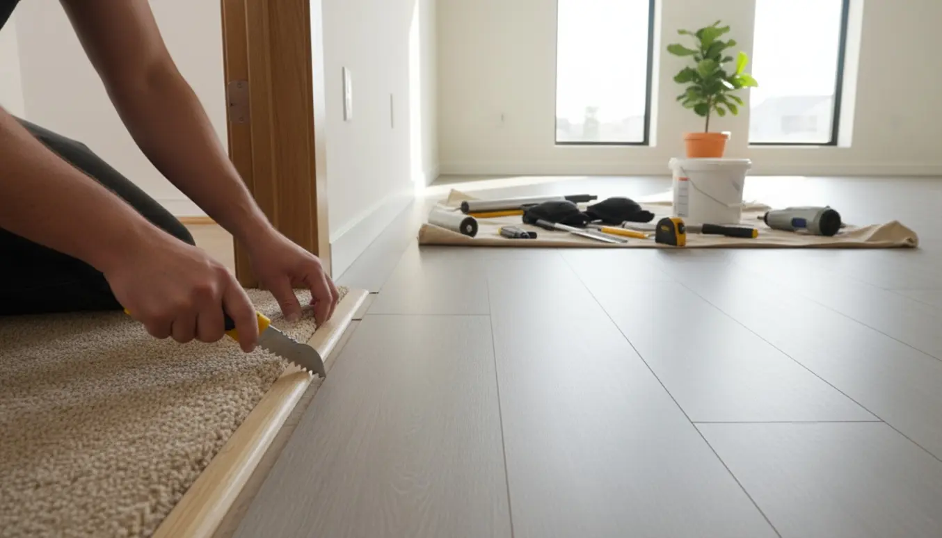 Installer trimmer et beige gulvtæppe ved siden af nyinstallerede grå vinylplanker i et lyst skandinavisk rum.