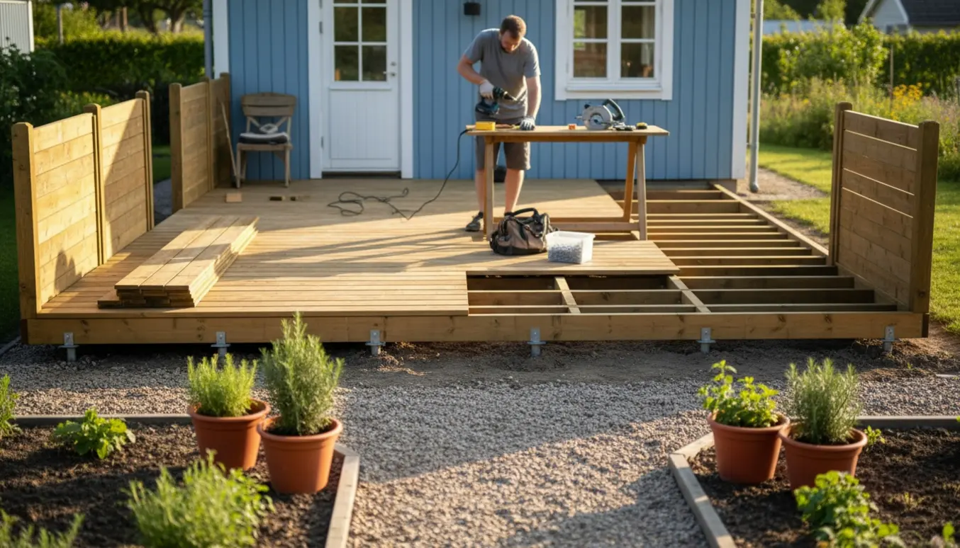 Halvfærdig træterrasse foran et kolonihavehus med hands-on montage, hævet 20–50 cm og med små læhegn i hver side.