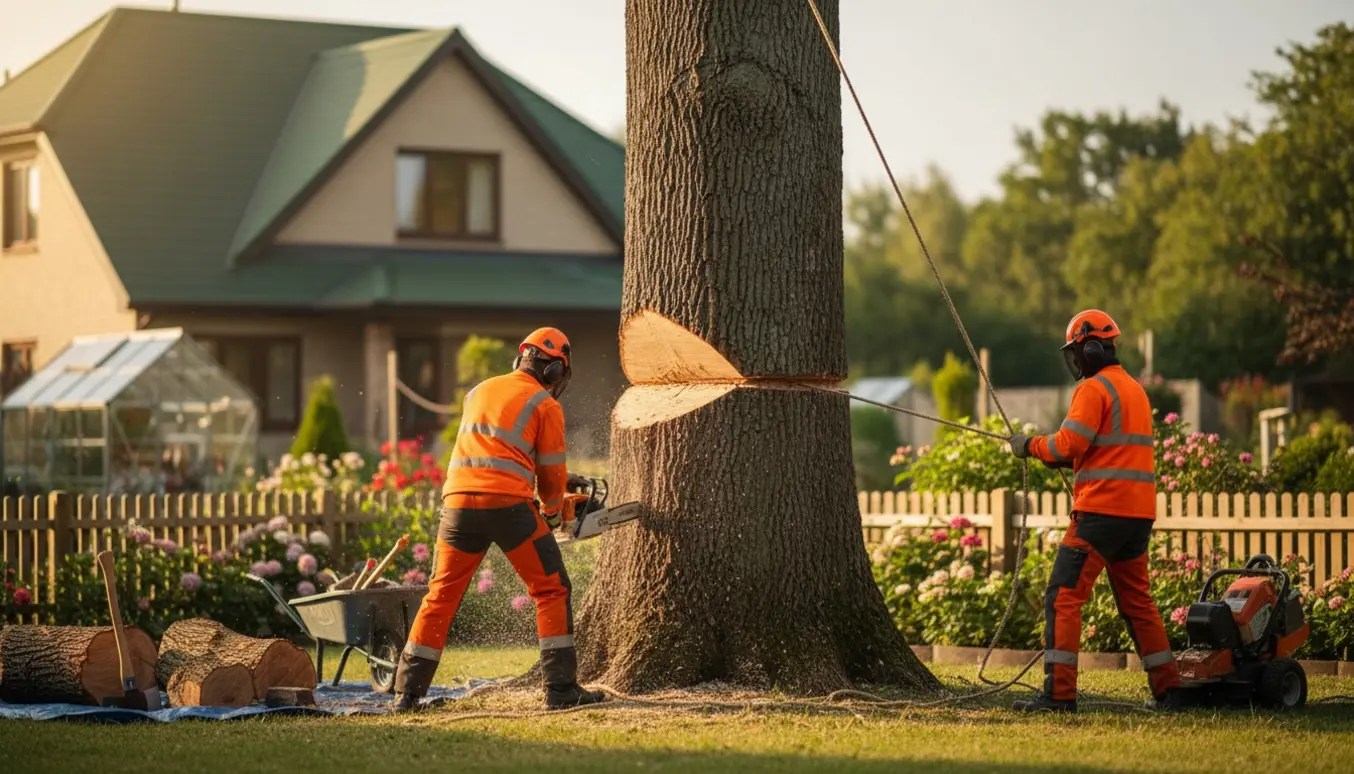 En kædesav skærer i et stort træ midt i en have, med nedfældede træstykker og arbejdere i sikkerhedsudstyr.