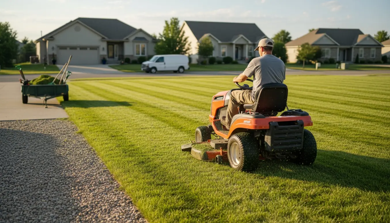 Professionel plæneklipper med minitraktor laver rene striber på en forstadsplæne i varmt eftermiddagslys.