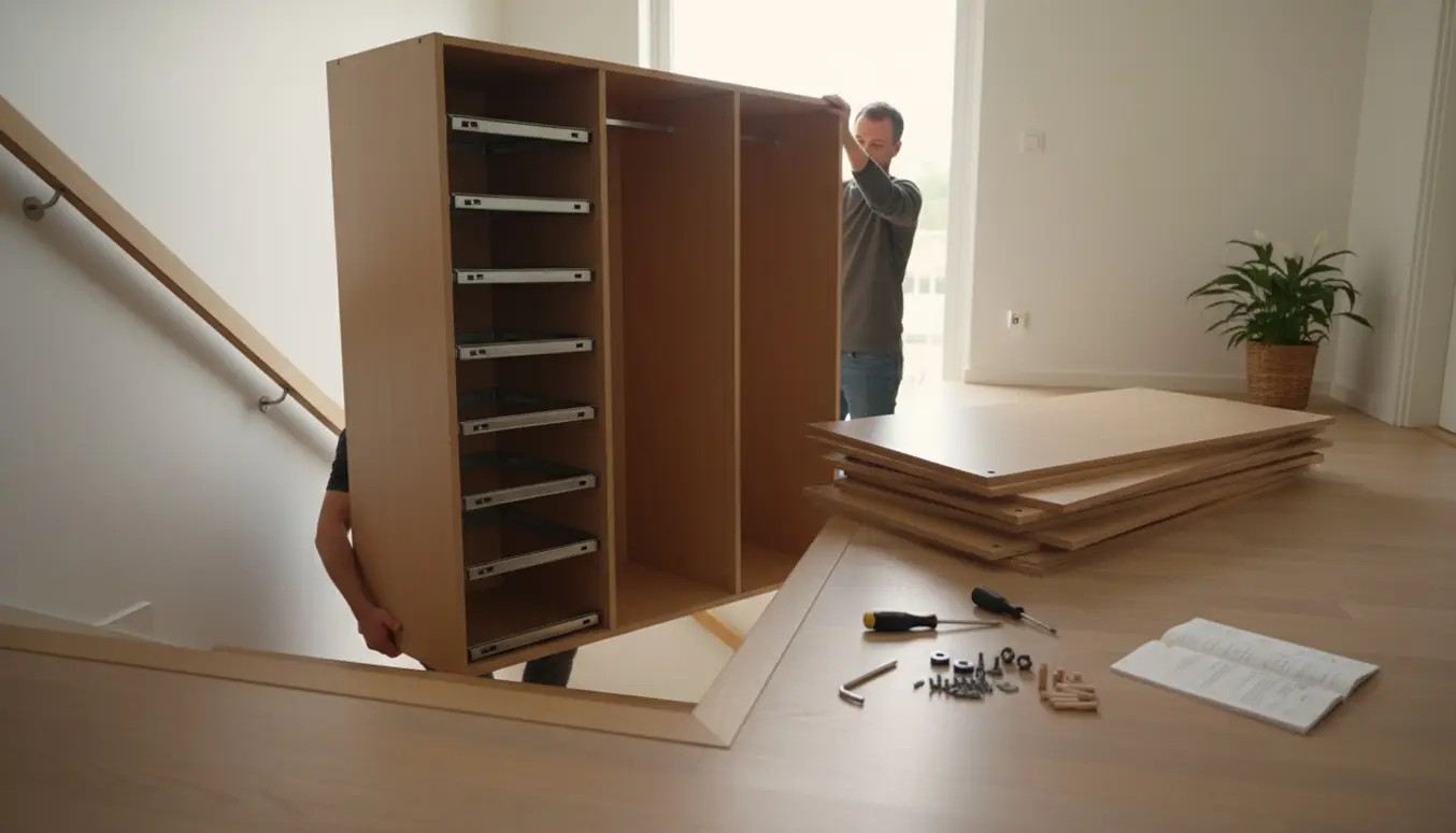 To personer bærer et adskilt skab op ad en trappe, mens kabinet og skuffer ligger klar til samling på 1. sal.