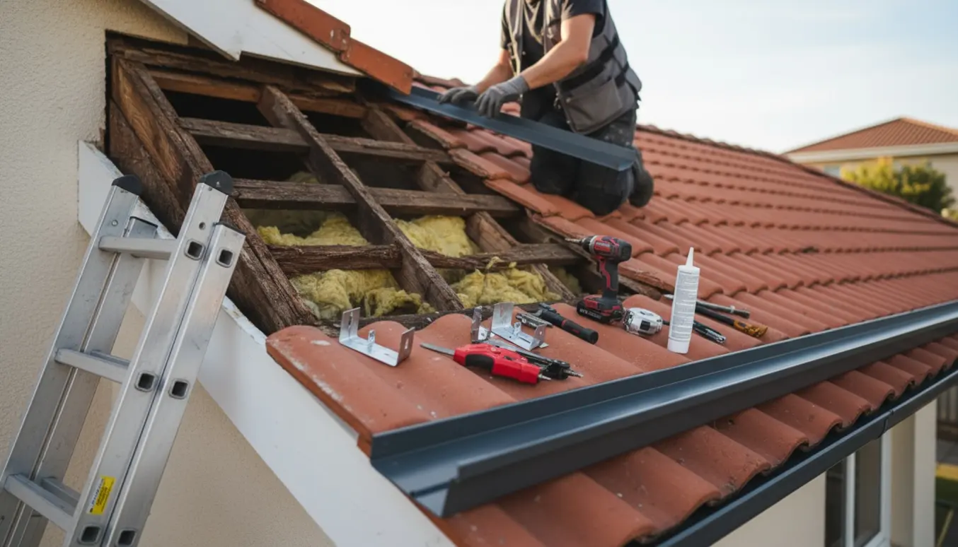 Håndværker monterer nye tagrender og reparerer udhæng på en bolig, set tæt på i naturligt dagslys.