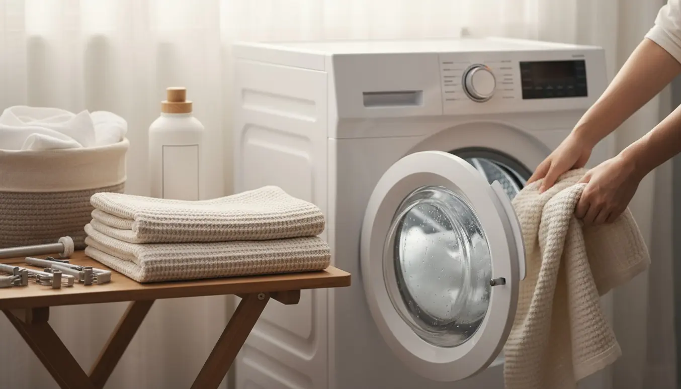 Hænder putter kraftig bomuldsgardin ind i en frontbetjent vaskemaskine i et lyst vaskerum.
