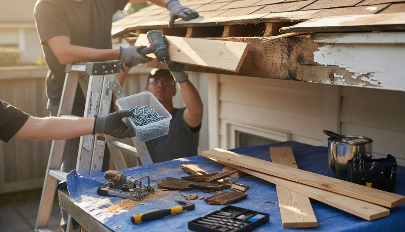 To personer udskifter rådne brædder i tagudhænget ved hjælp af stige og boremaskine.