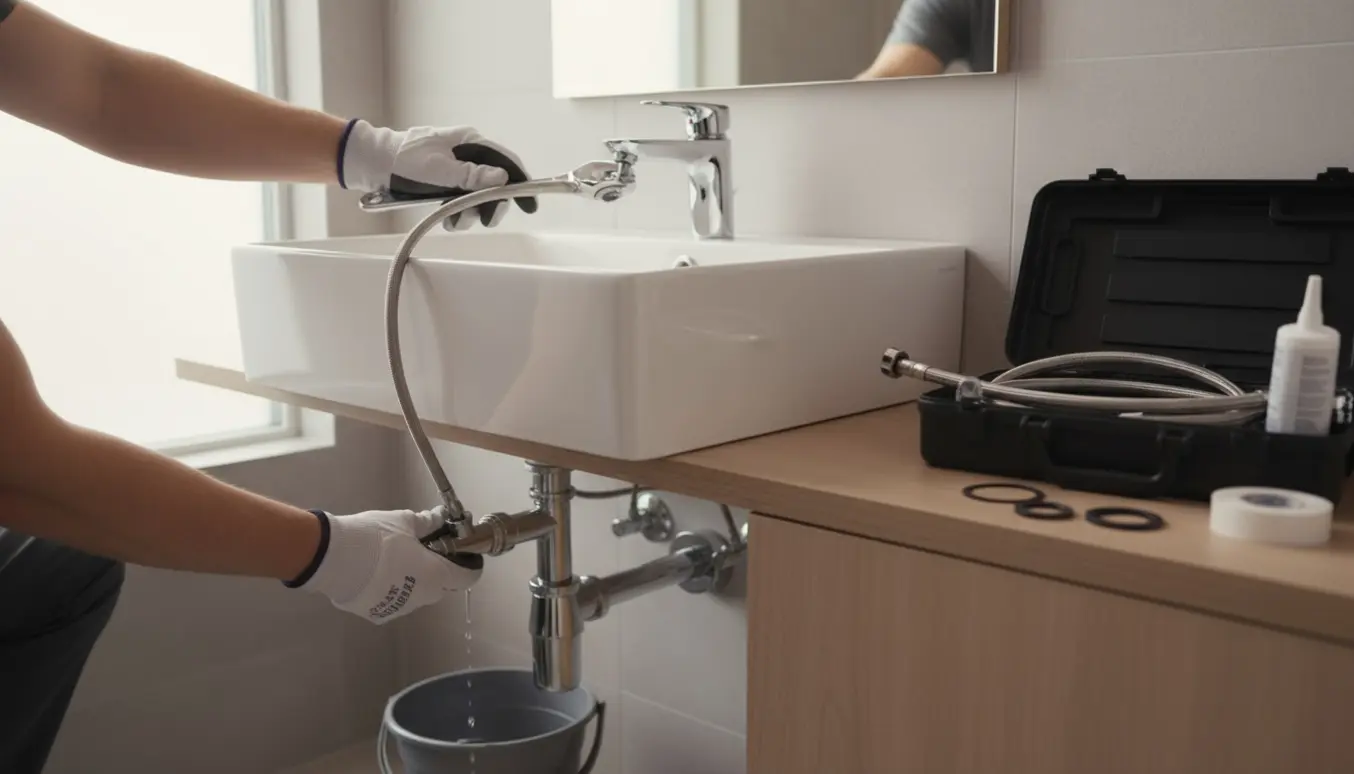 Hænder, der installerer nyt afløbsrør og tilslutningsslanger på en håndvask i et lyst, flisebadeværelse.