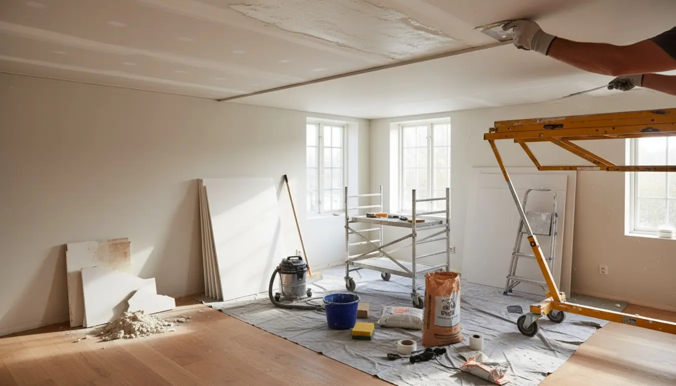 Opsætning af gipsloft i en lille lejlighed med værktøj, gipsplader og spartling i fokus.