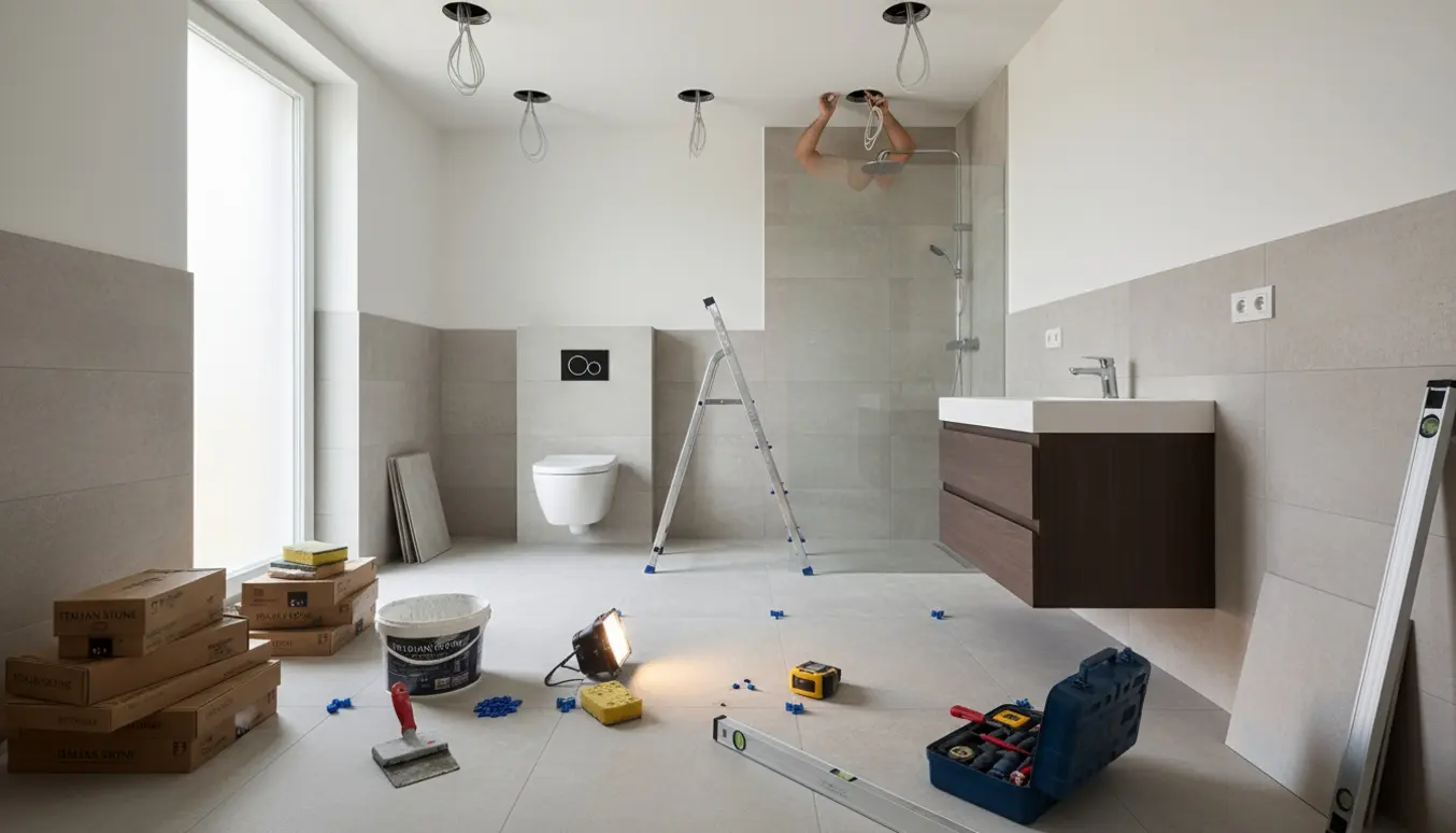 Renovering af et rummeligt badeværelse med nye fliser, installeret toilet, bruseglas, vaskeskab og håndværker ved montering af indbyggede spots.