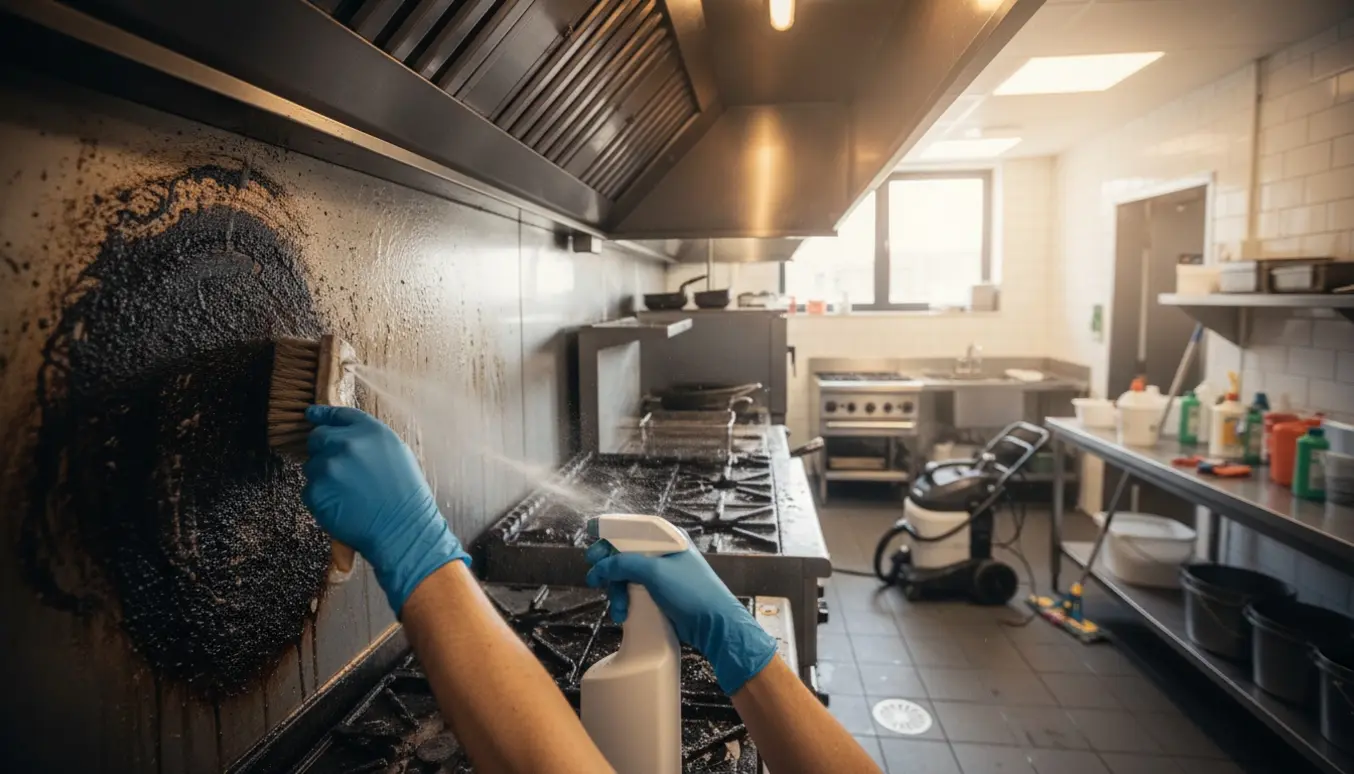 Gummihandsker skrubber en fedtet emhætte i et erhvervskøkken, med tydelig før-og-efter-glans.