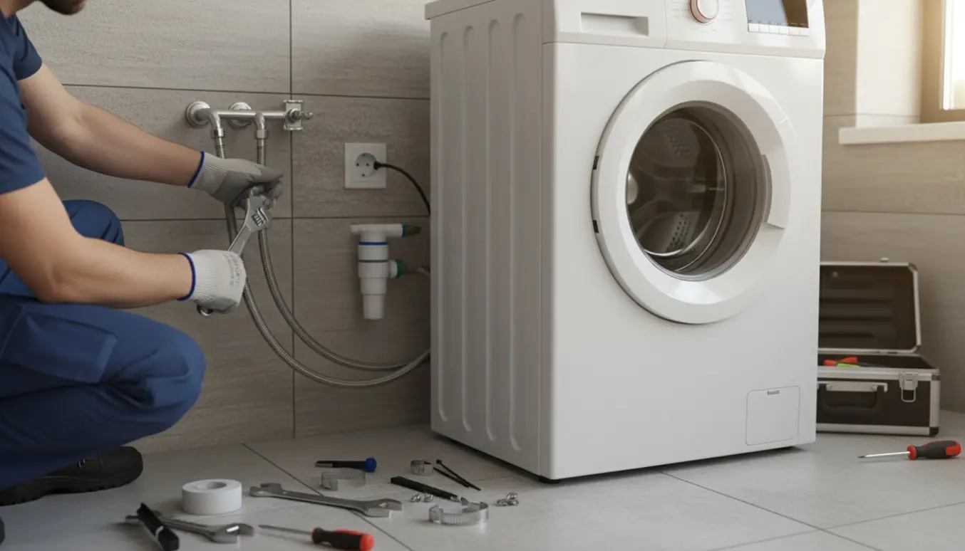 Hænder monterer en vaskemaskine i en lejlighed med ryddelige kabler og slanger.