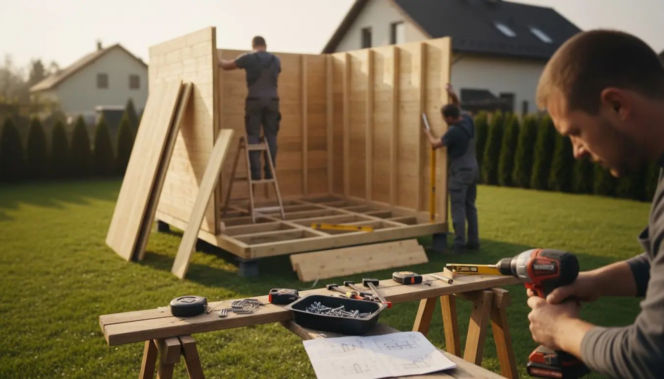 Delvist samlet træanneks i have med håndværkere, værktøj og træpaneler.