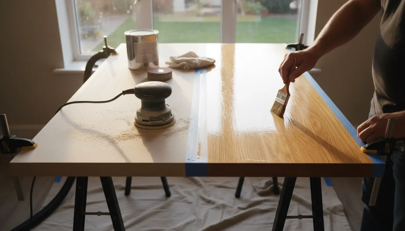 Køkkenbordplade på bukke, halvt slebet og halvt lakeret, med værktøj og handsker i fokus.