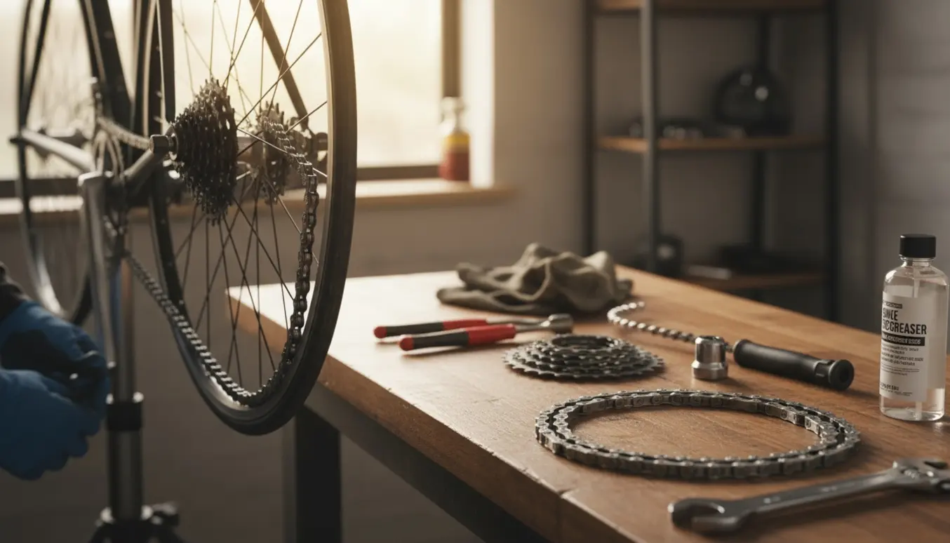 Nærbillede af en cykel på arbejdsstativ med et skævt bagtandhjul, en ny kæde og værktøj klar til reparation.