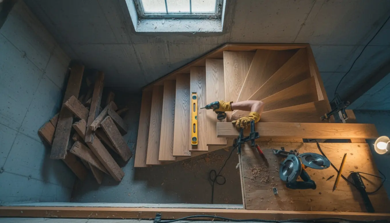 Trappe til kælderen i træ under opbygning med værktøj og savsmuld.