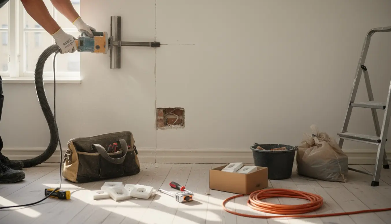 Elektriker indfræser kabelkanal i hvid væg i en lys lejlighed med værktøj og byggeaffald ved siden af.