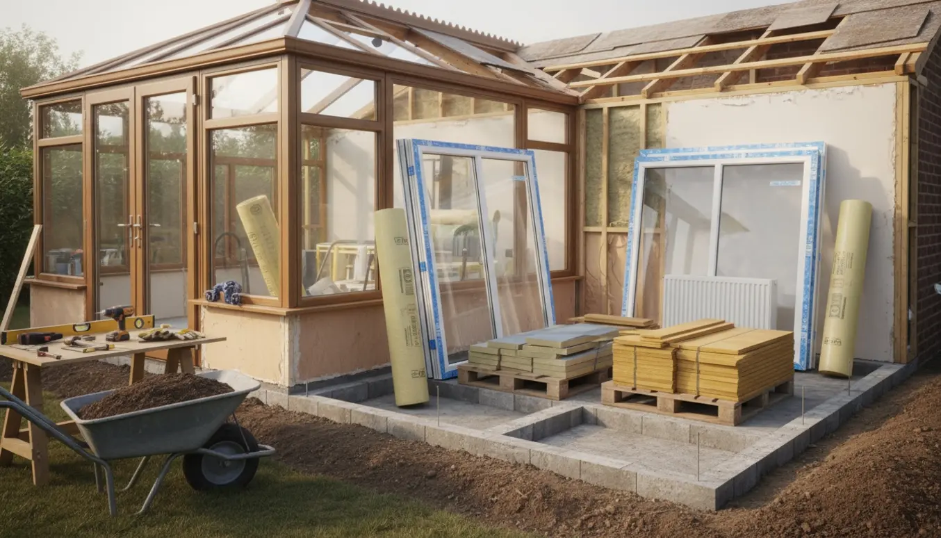 Udestue under renovering og udvidelse med fundamentgrav, byggematerialer og ny radiator klar til montering.