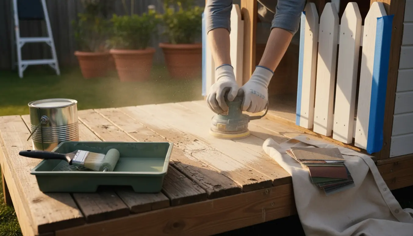 Nærbillede af et legehus' terrasse, hvor hænder sliber træ og maler et stakit med pensel og rulle.